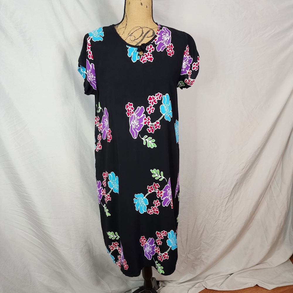 Vtg SUNON Size Large/XL Black Floral Short Sleeve Midi Shift Dress Beach Island